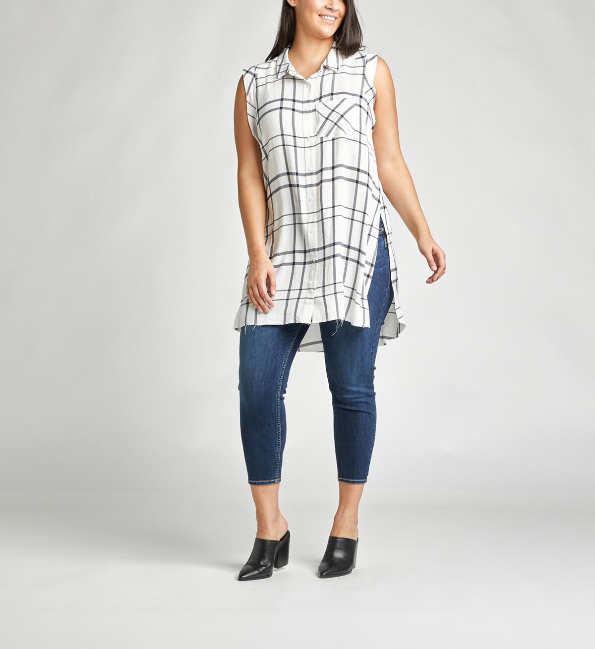 Summer Plaid Frayed Button-Down Tunic, , hi-res image number 3
