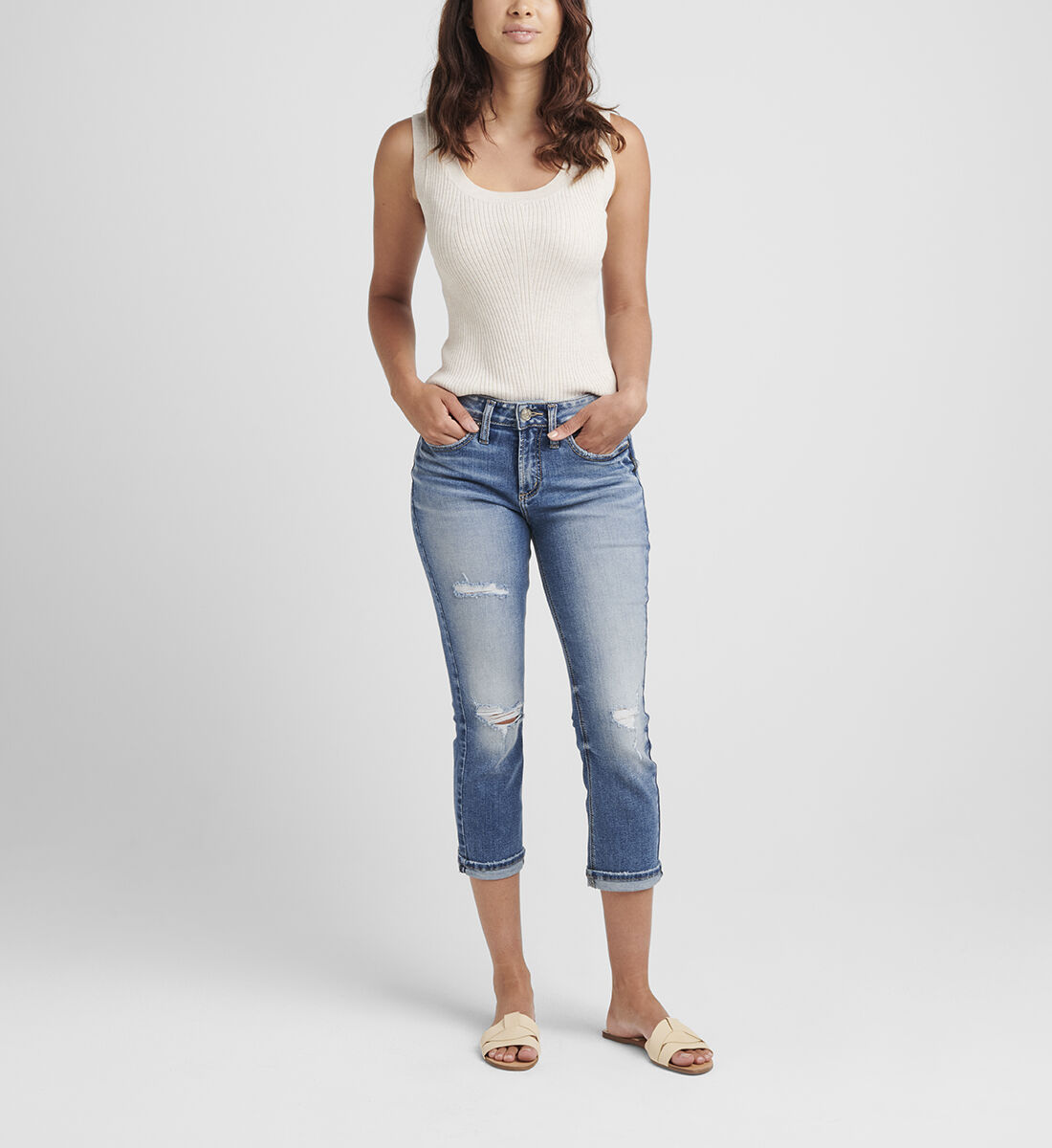Buy Suki Mid Rise Capri for USD 34.00 Silver Jeans US New