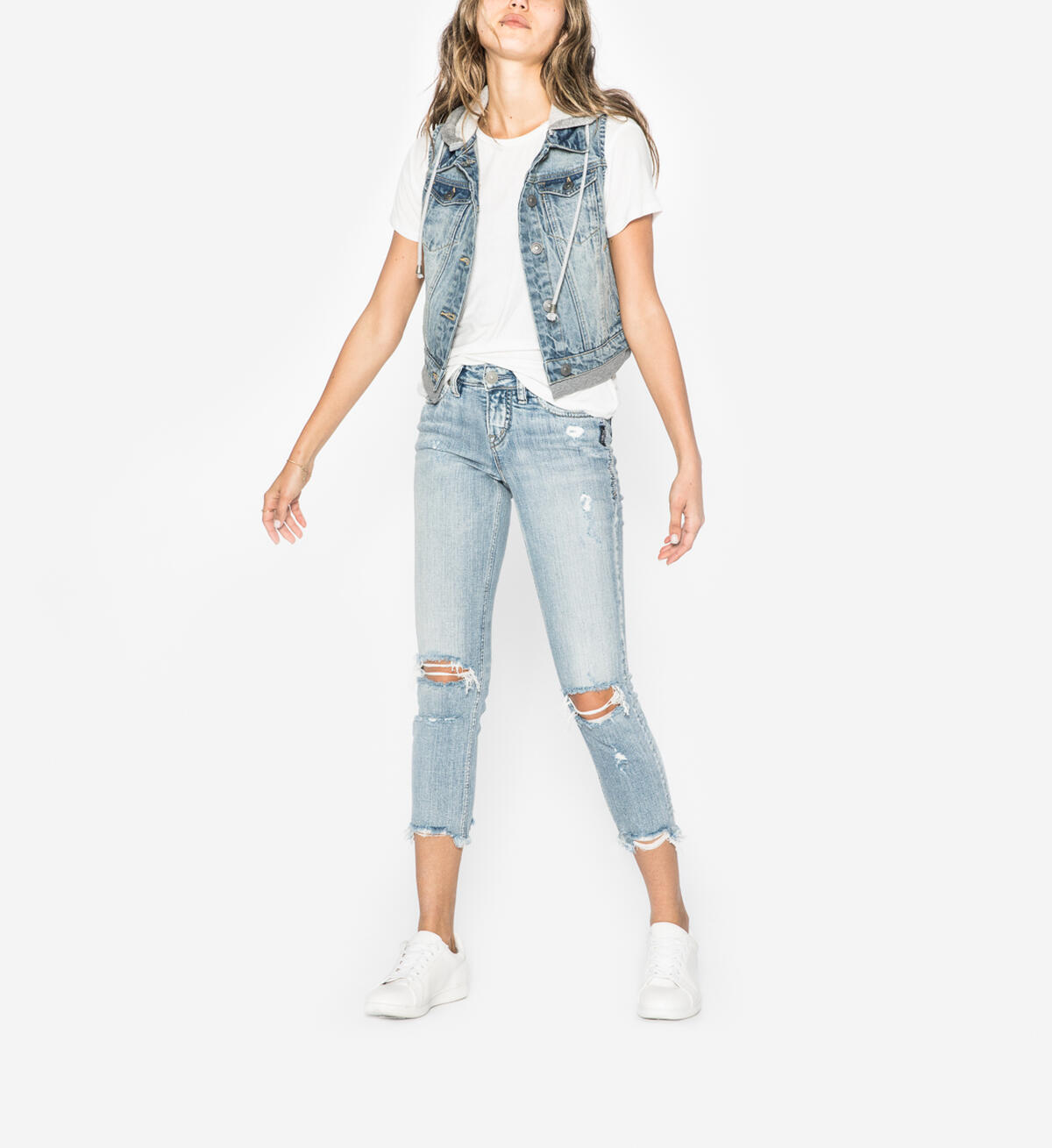 Saylor - Cropped Denim Vest With Knit Hood, , hi-res image number 0