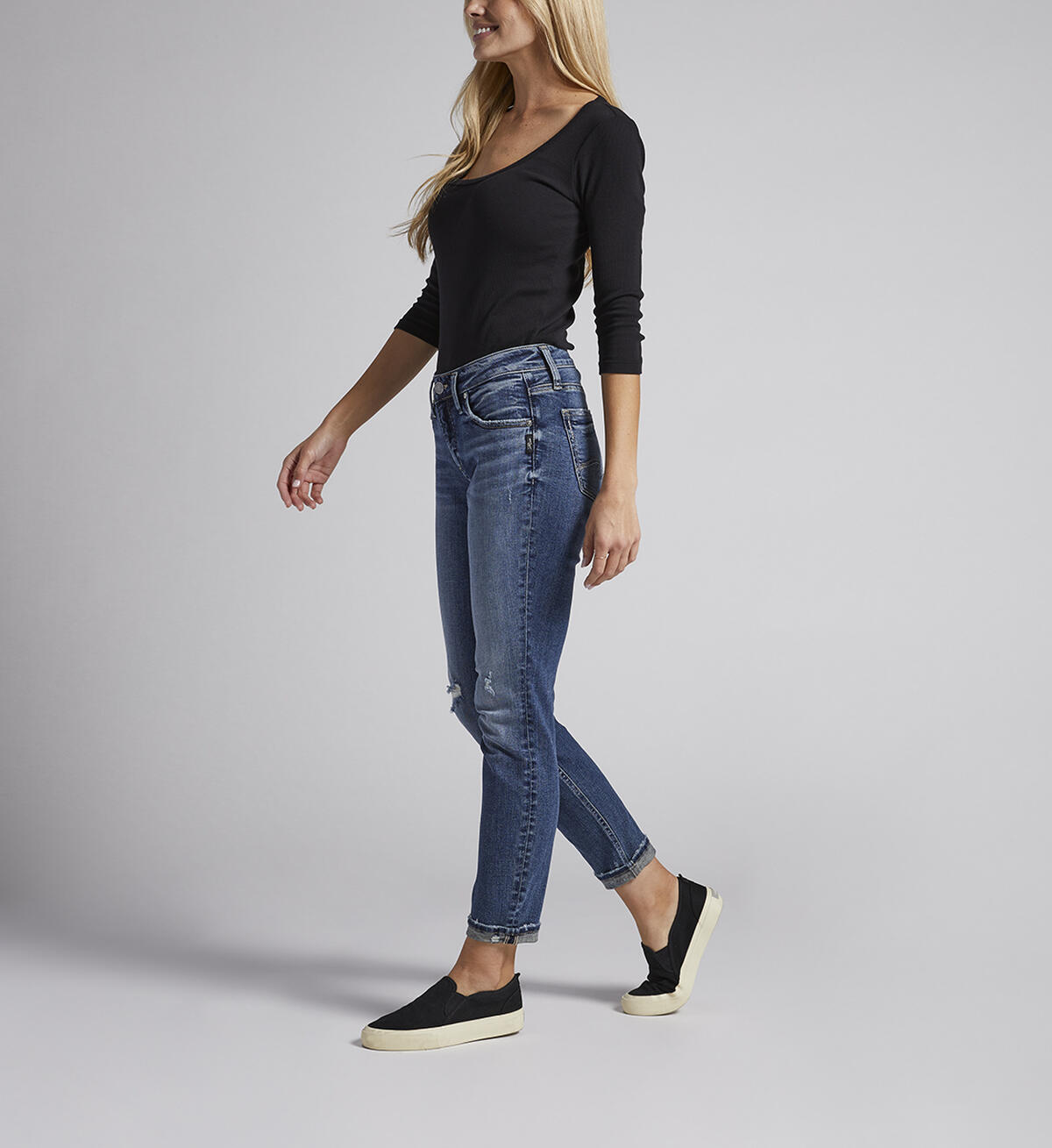 Boyfriend Mid Rise Slim Leg Jeans, Indigo, hi-res image number 2