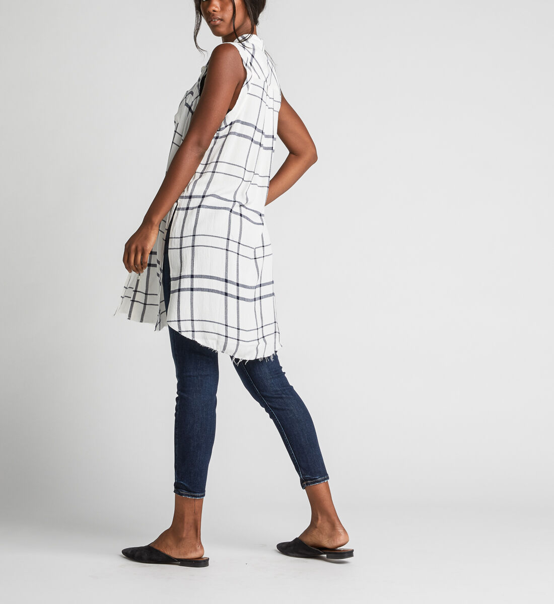 Summer Plaid Frayed Button-Down Tunic Side