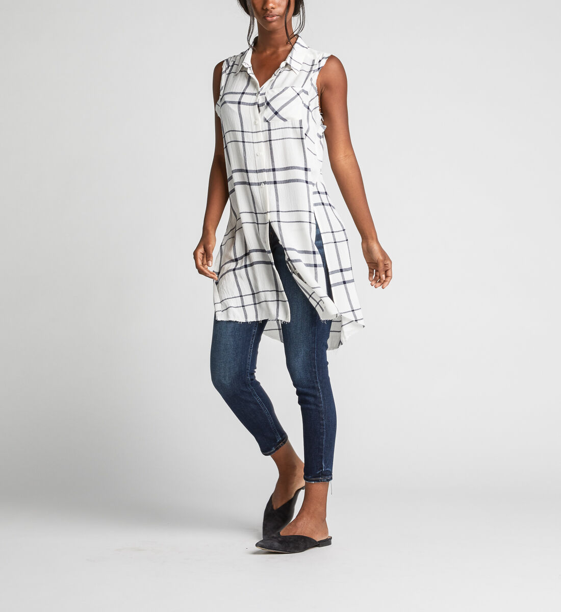 Summer Plaid Frayed Button-Down Tunic Back