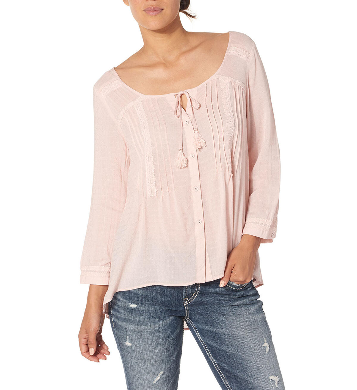 3/4 Sleeve Pleated Peasant Top, , hi-res image number 0