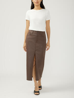 Coated Front-Slit Midi Skirt