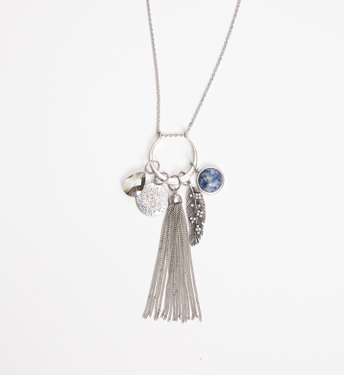 Silver-Tone and Blue Long Tassel Necklace, , hi-res image number 1