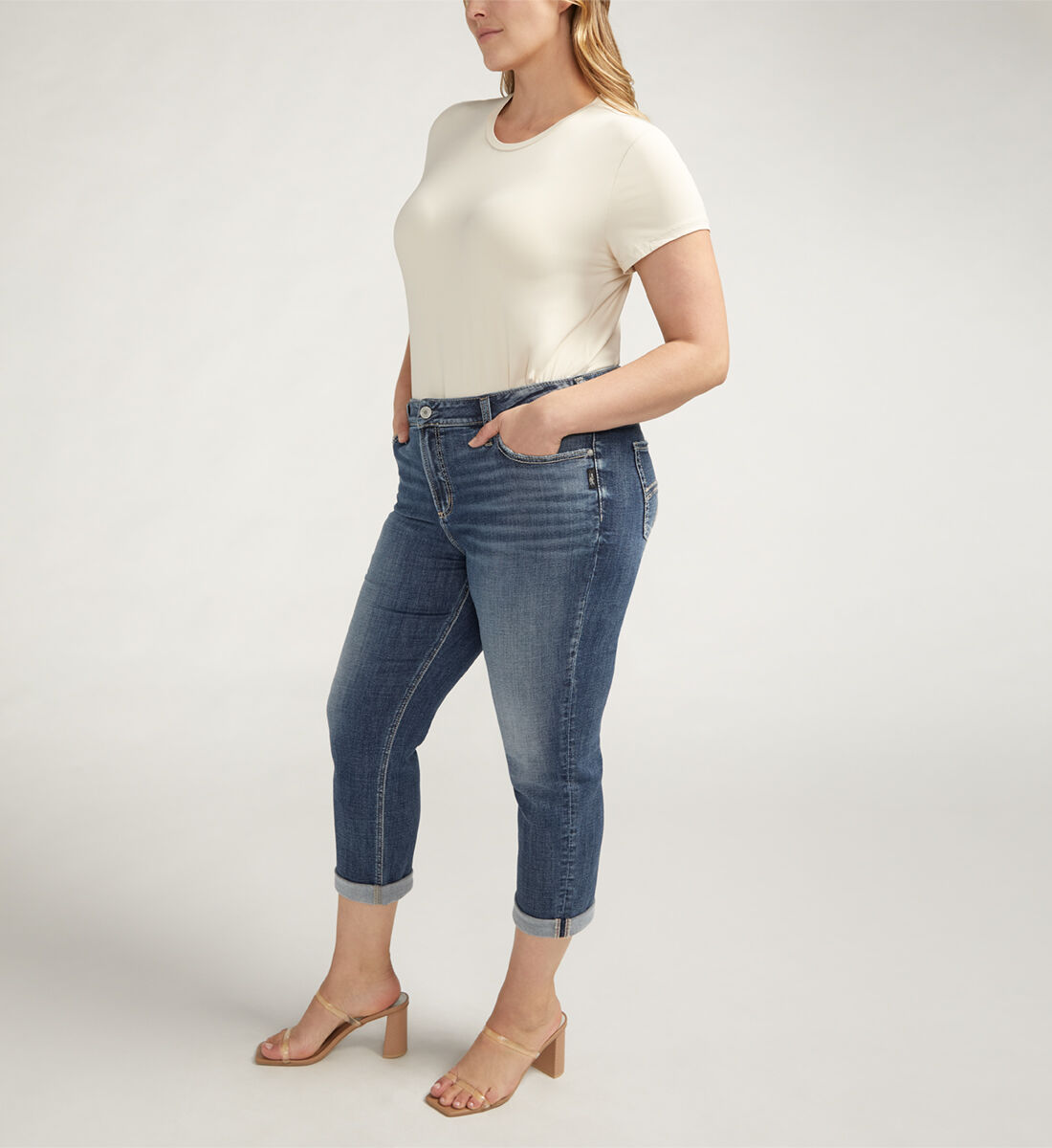 Plus size denim capris stretch sales