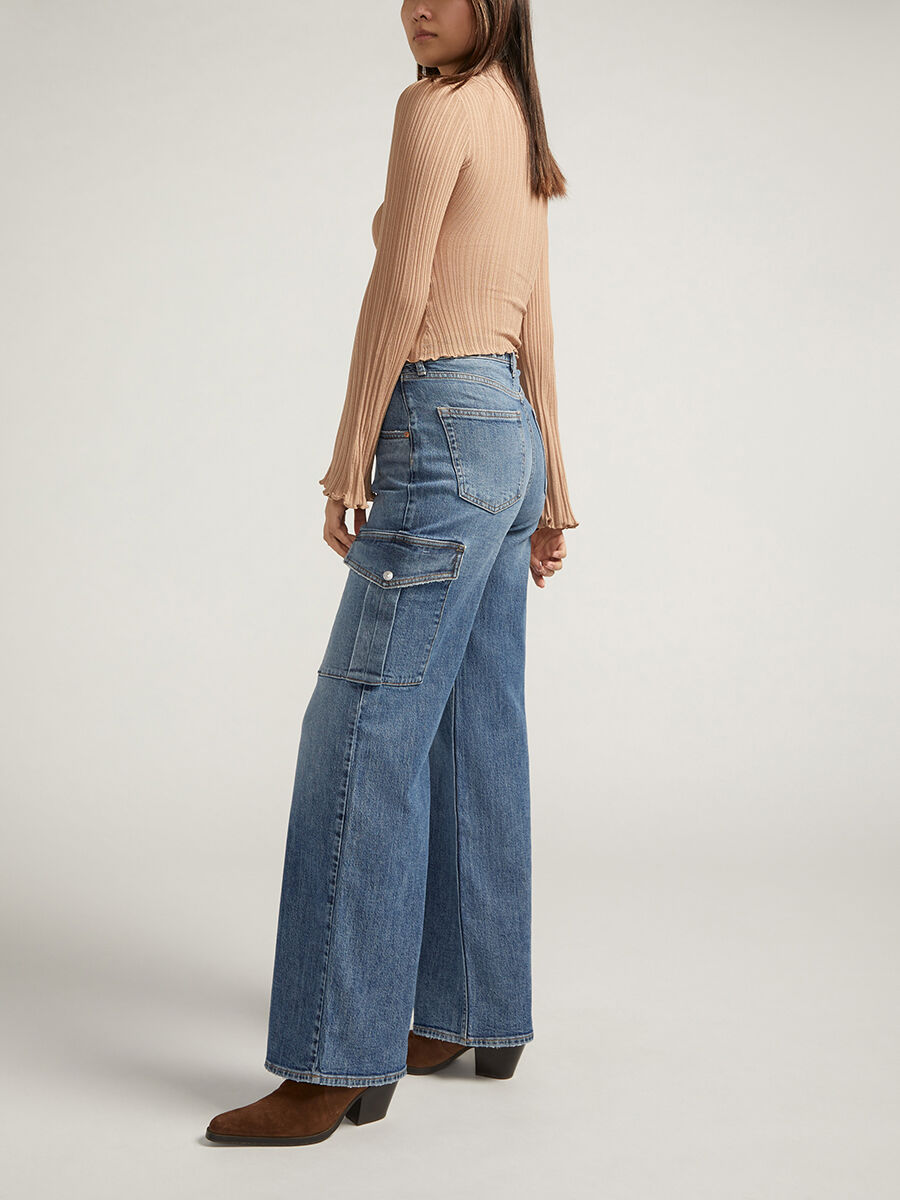 Buy High Rise Wide Leg Cargo Jeans for USD 61.00 | Silver