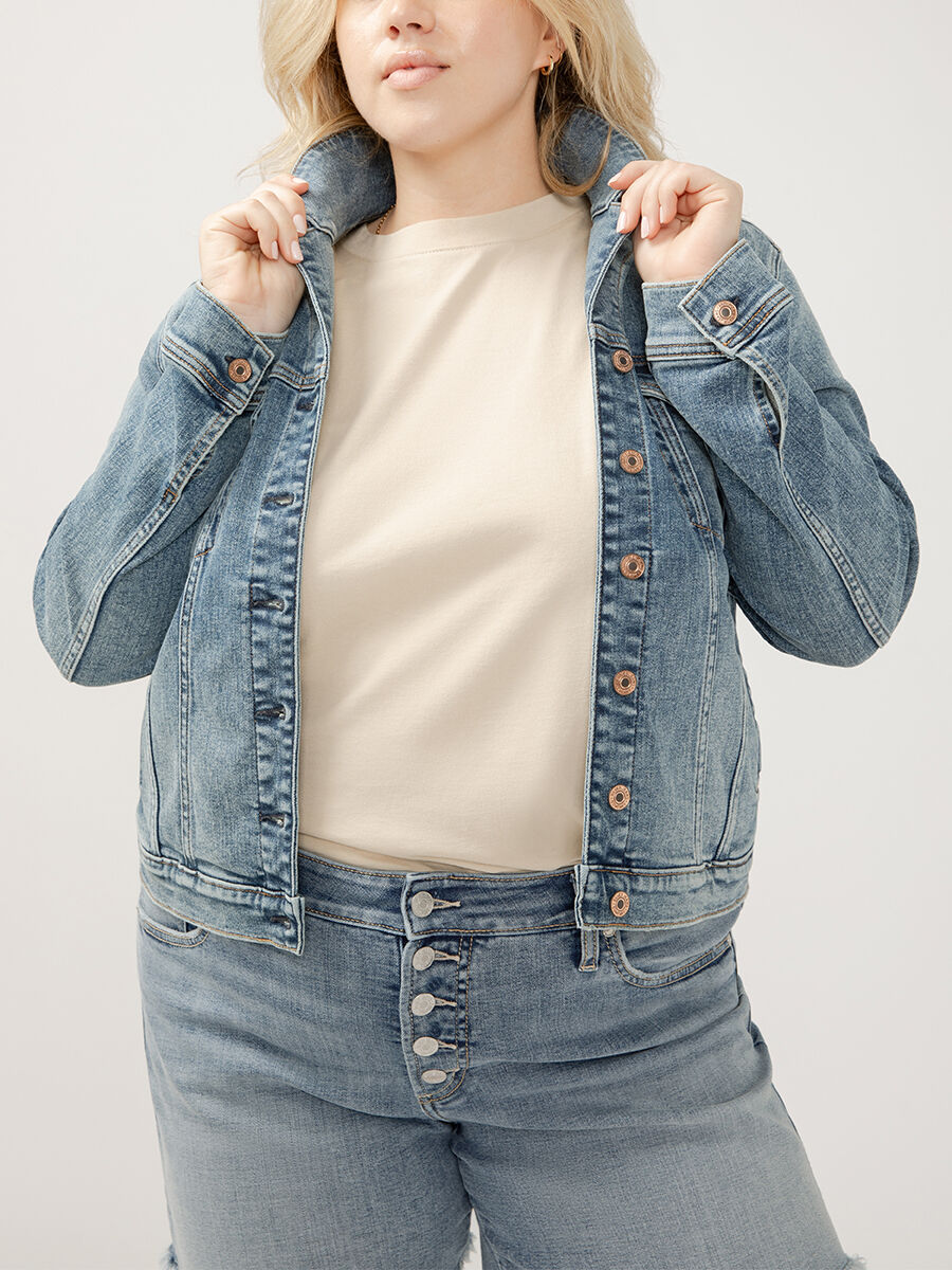 Buy Notched Crop Jean Jacket Plus Size for USD 54.00