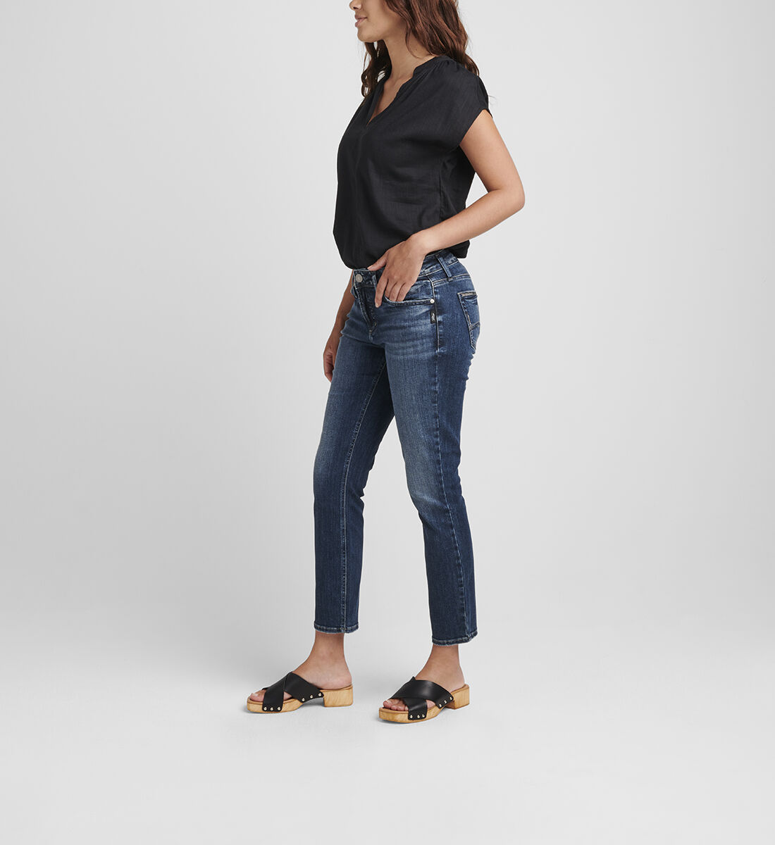 【SCENERITY】Crop mid gray jeans Dark Grey Asymmetric Frayed Mid Rise Jeans | Denim