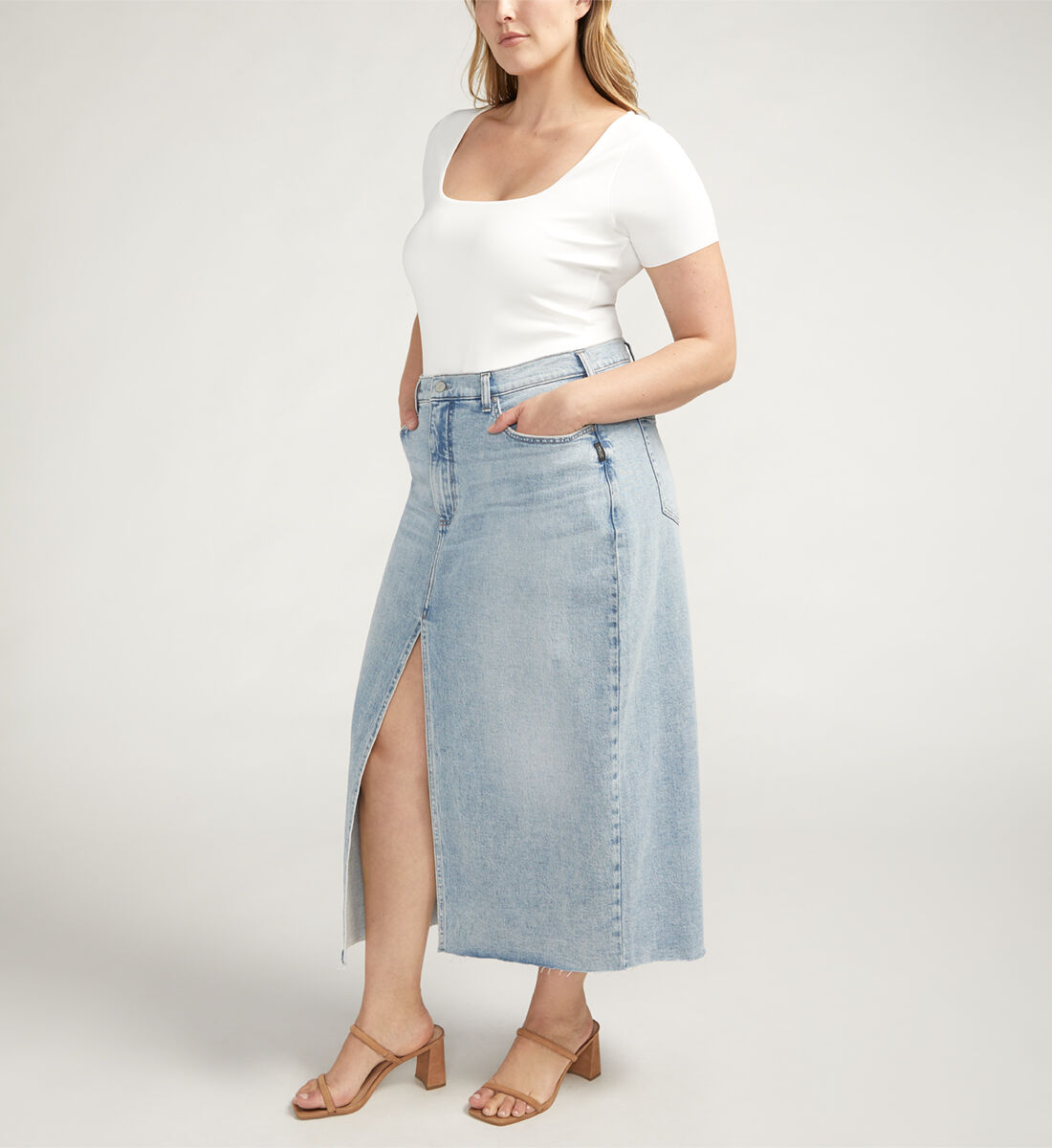 Buy Front Slit Midi Jean Skirt Plus Size for USD 44.00 Silver Jeans US New