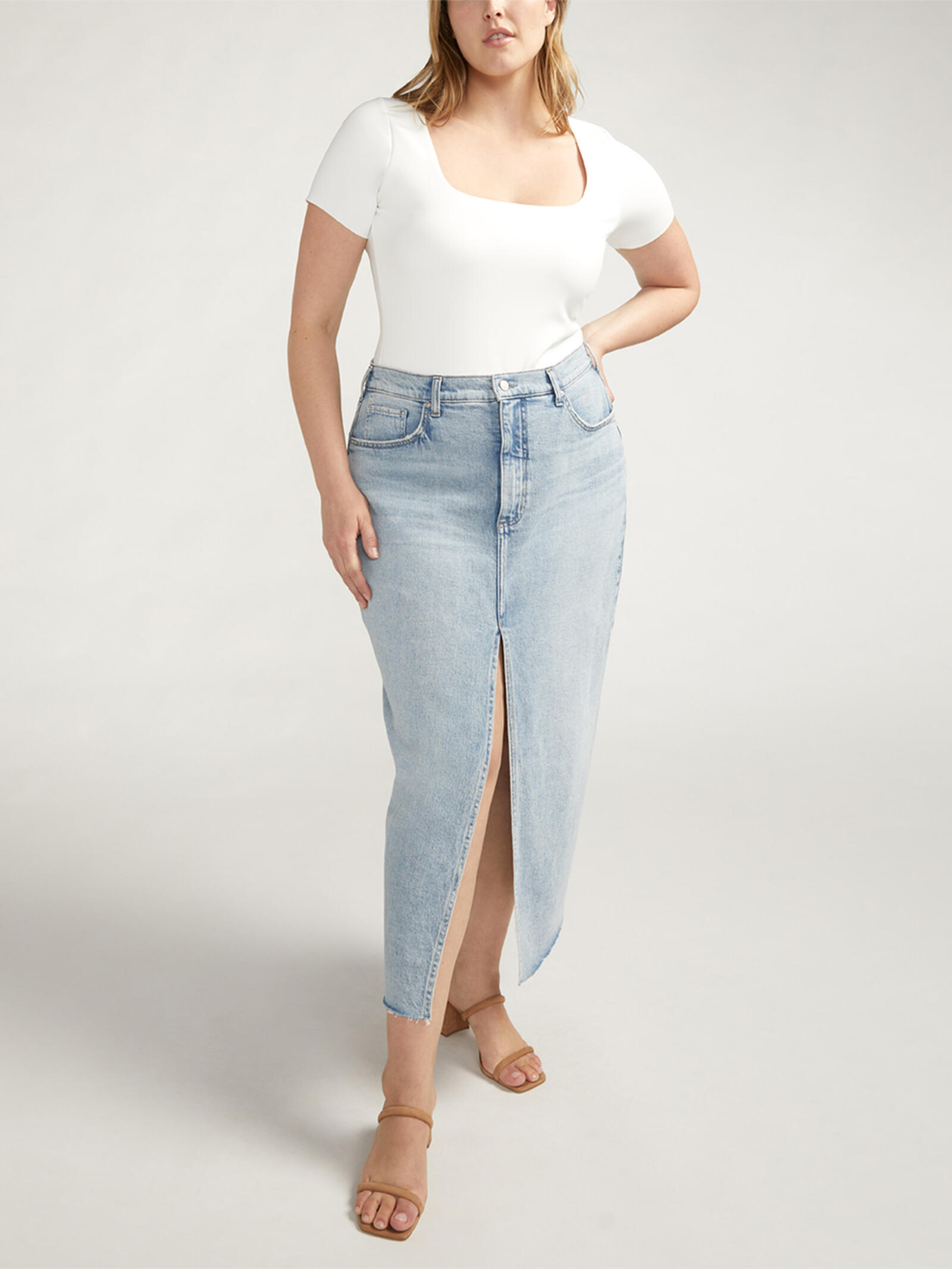 Front-Slit Midi Jean Skirt Plus Size