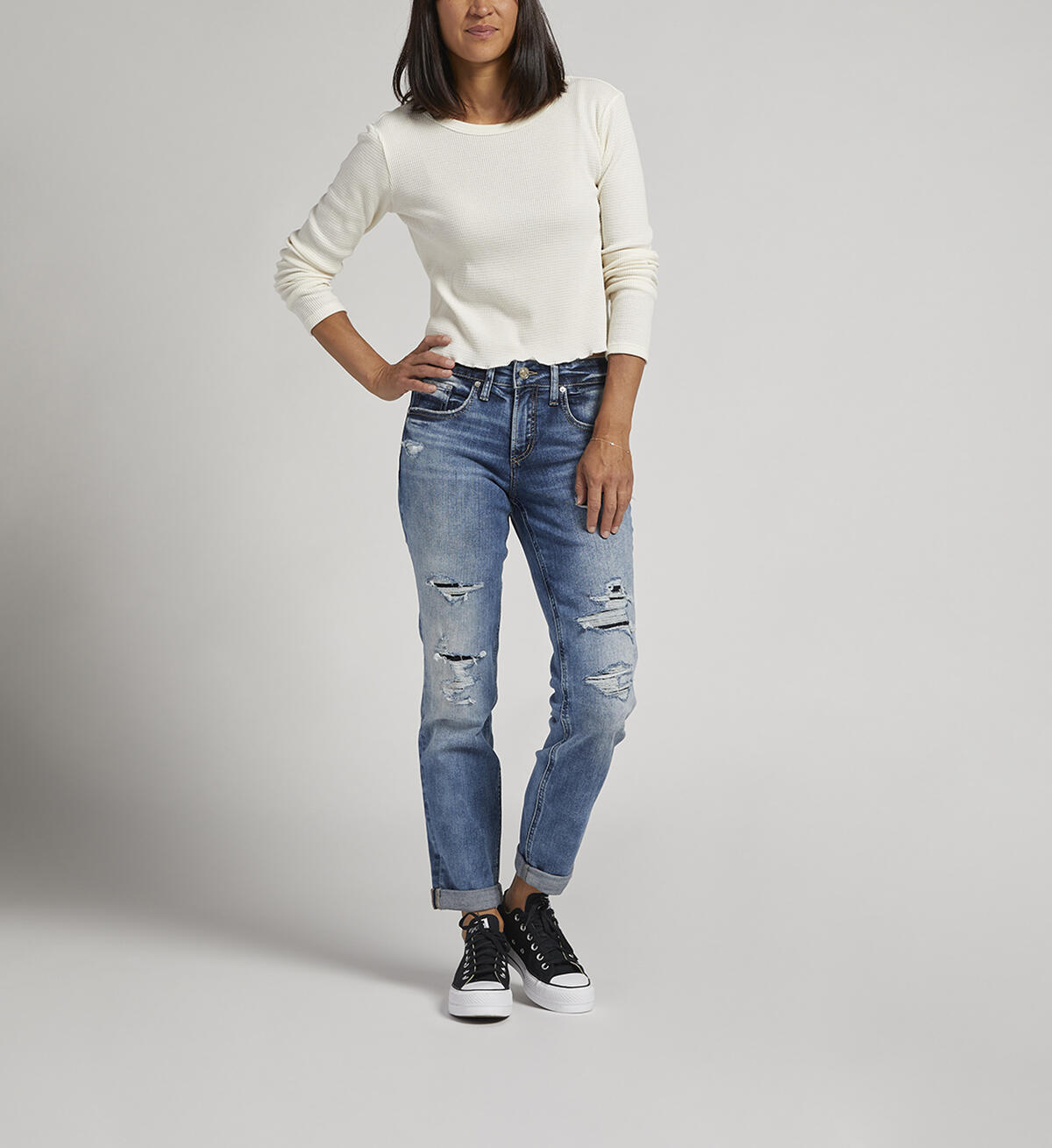 Boyfriend Mid Rise Slim Leg Jeans, Indigo, hi-res image number 0