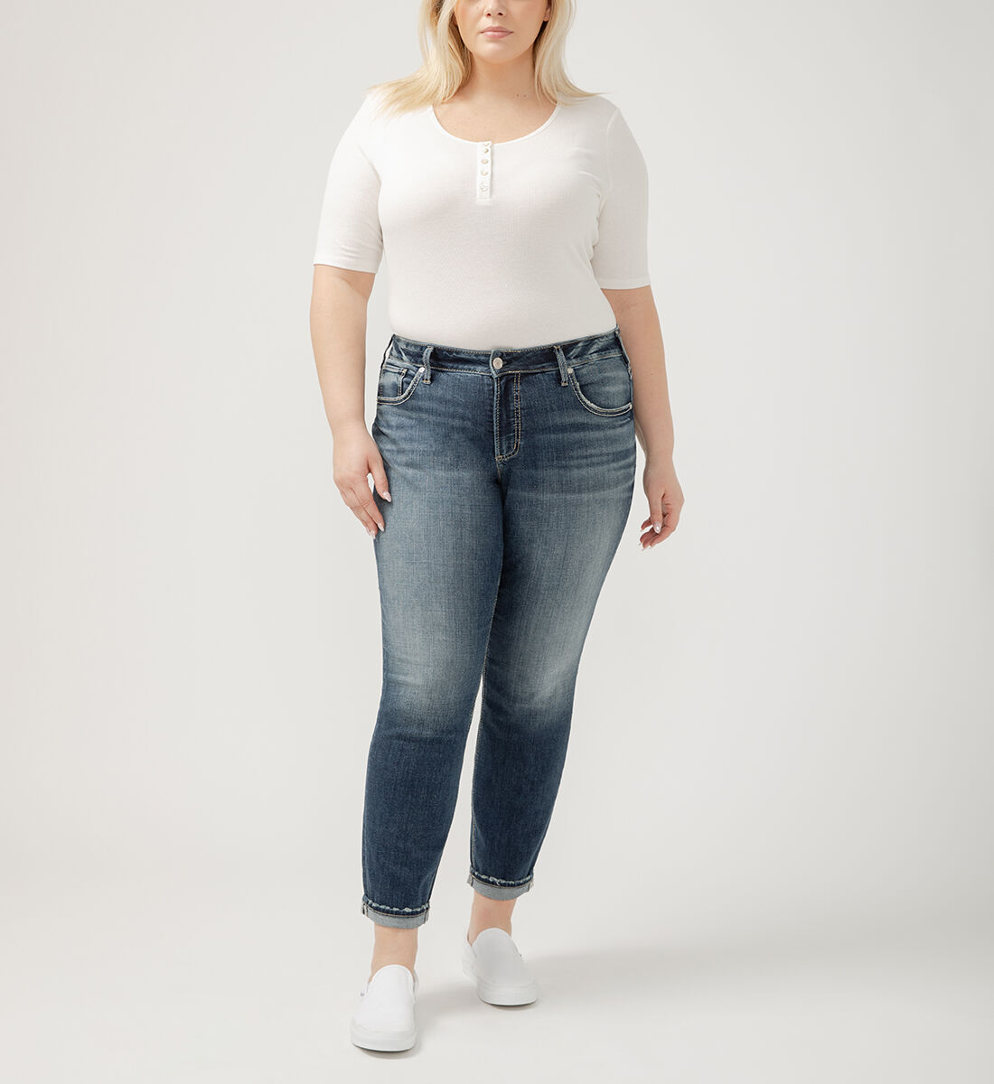Buy Boyfriend Mid Rise Slim Leg Luxe Stretch Jeans Plus Size for USD 84.00 Silver Jeans US New