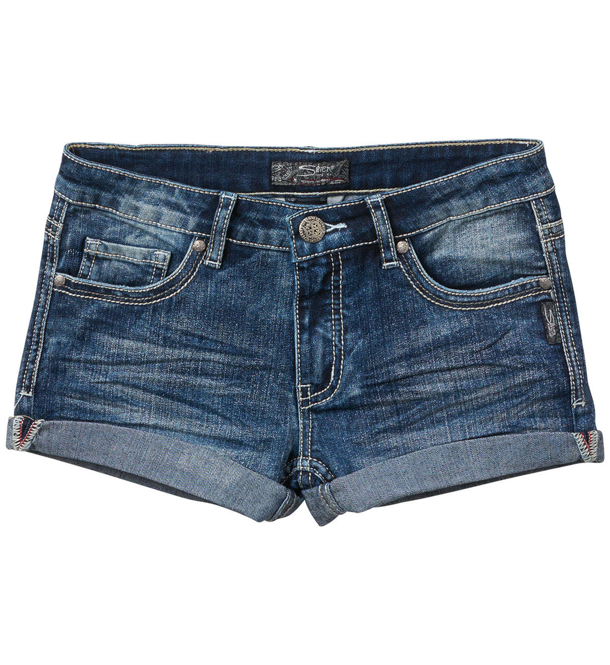 Lacy Cuffed Denim Shorts in Medium Wash (7-16), , hi-res image number 0
