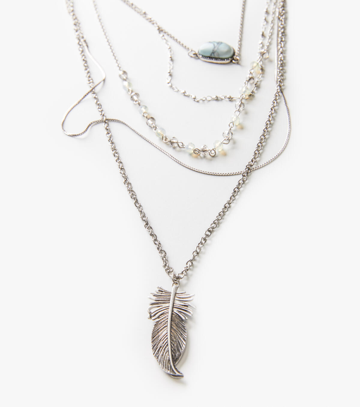 Silver-Tone Layered Feather Necklace, , hi-res image number 1
