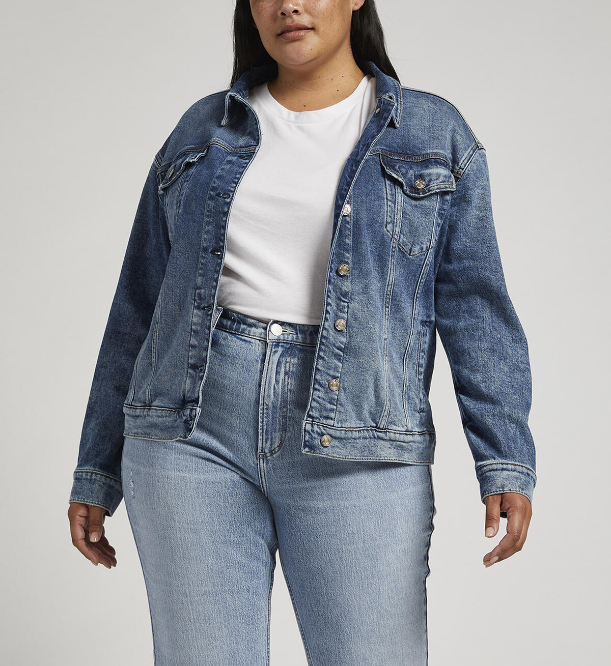 Denim Trucker Jacket Plus Size, Indigo, hi-res image number 2