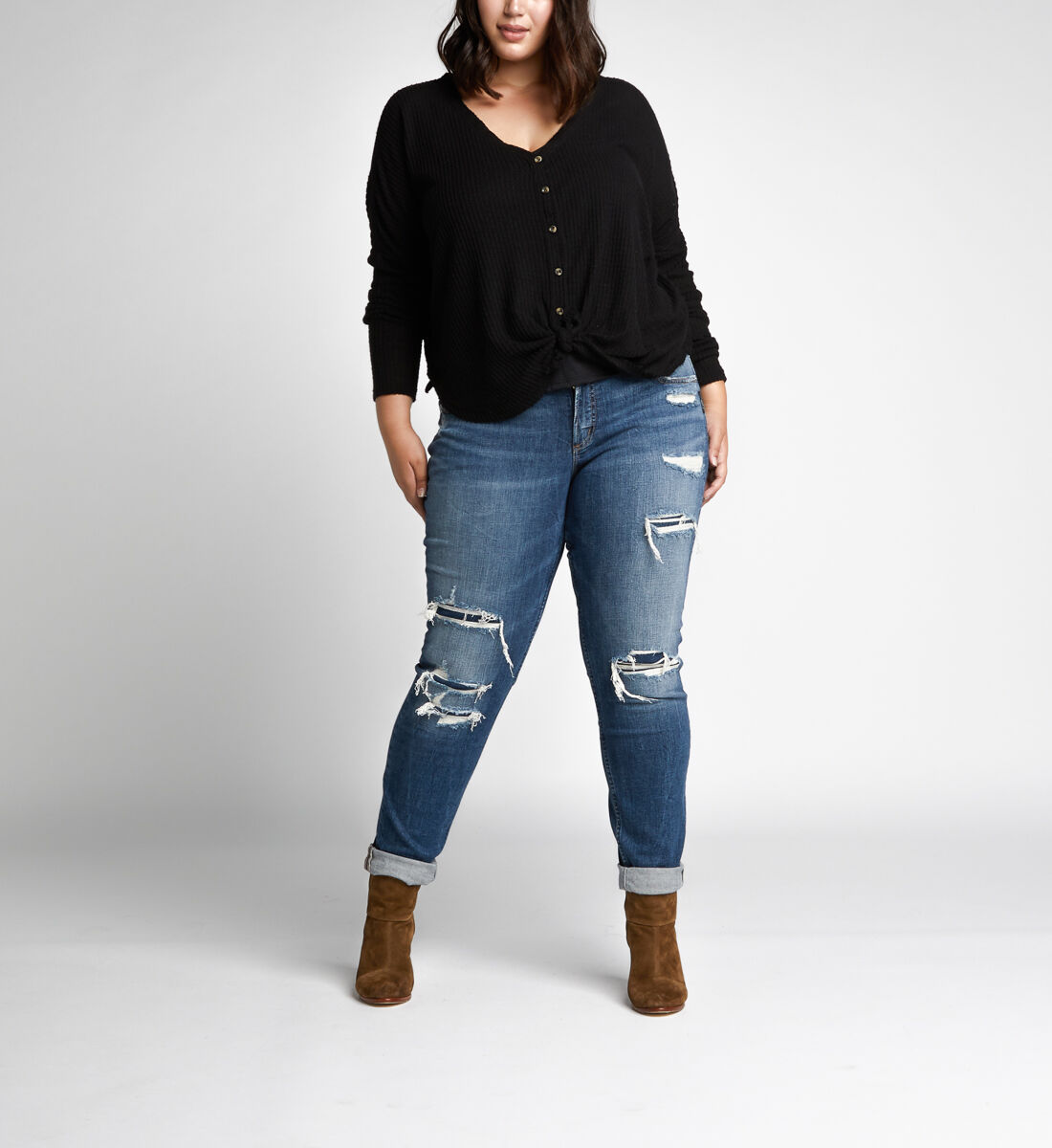 Buy Boyfriend Mid Rise Slim Leg Jeans Plus Size Final Sale for USD 128.00 Silver Jeans US New