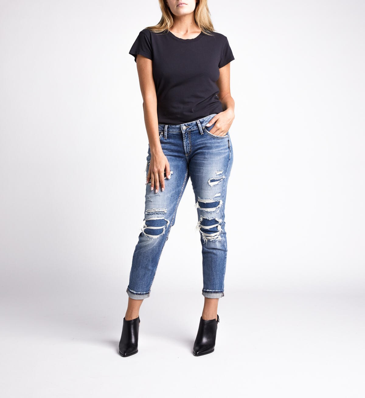 Boyfriend Mid Rise Slim Leg Jeans, Indigo, hi-res image number 3