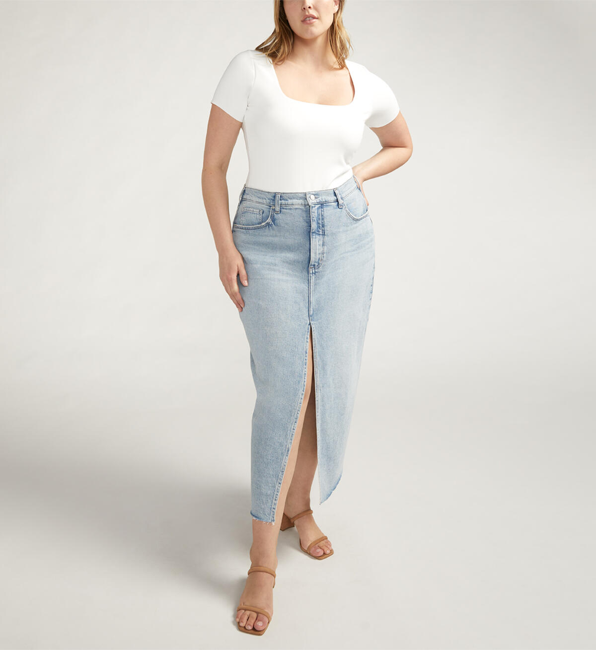 Front-Slit Midi Jean Skirt Plus Size, , hi-res image number 0