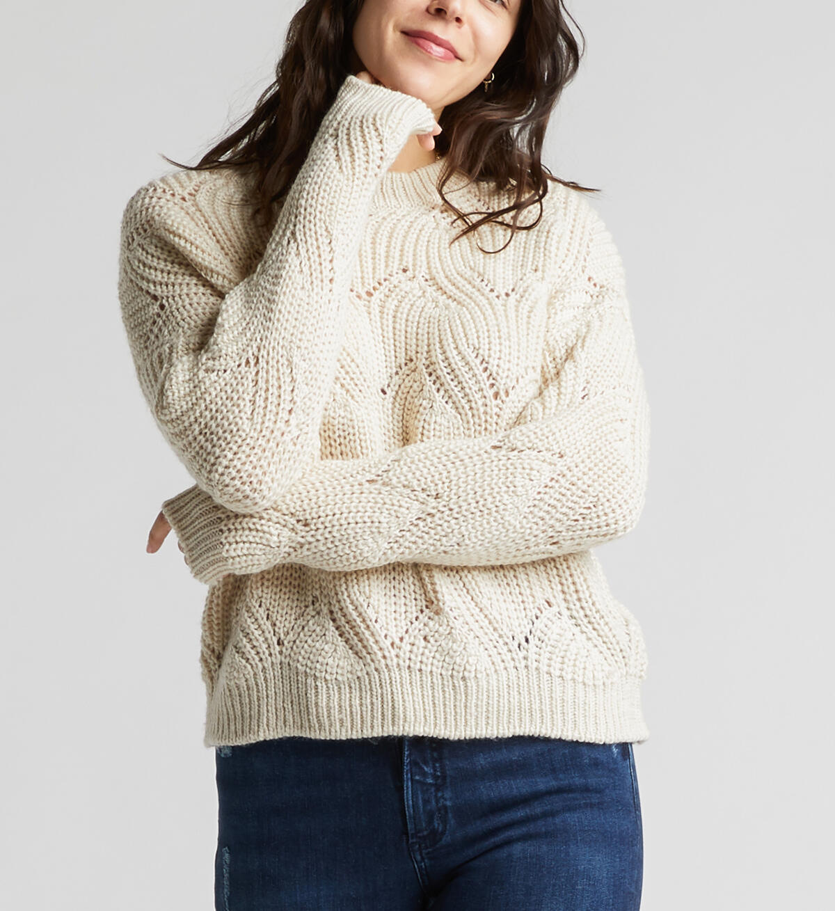 Harriet Crop Cable Knit Sweater, Warm White, hi-res image number 0