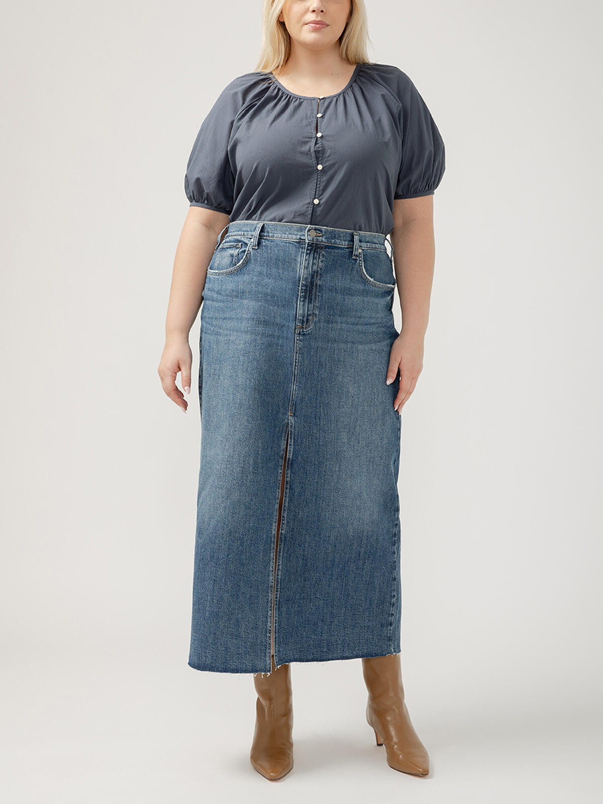 Front-Slit Maxi Jean Skirt Plus Size, , hi-res image number 0