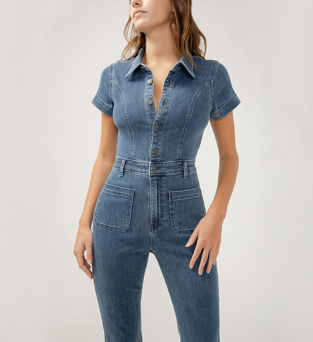 Buy 70s Flare Leg Denim Jumpsuit for USD 108.00 | Silver