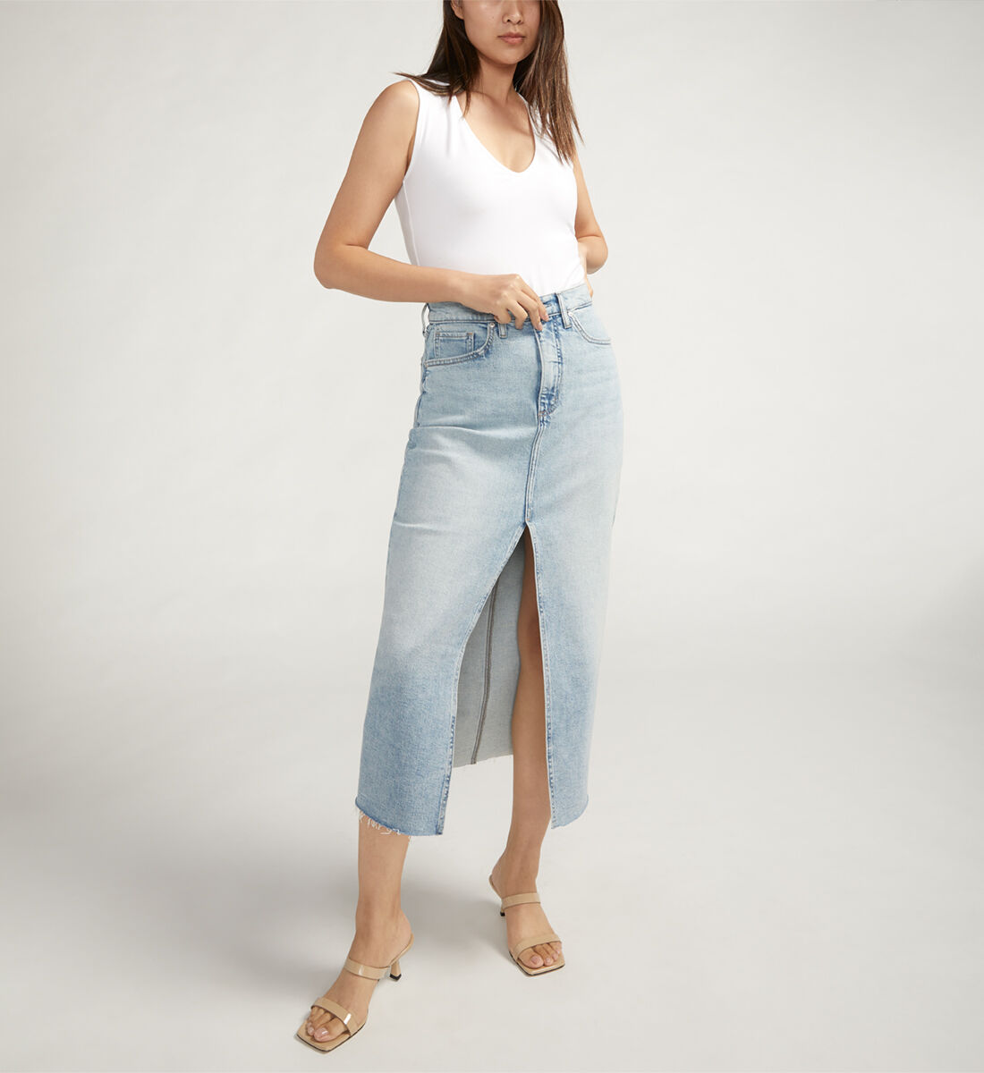 Buy Front Slit Midi Jean Skirt for USD 68.00 Silver Jeans US New