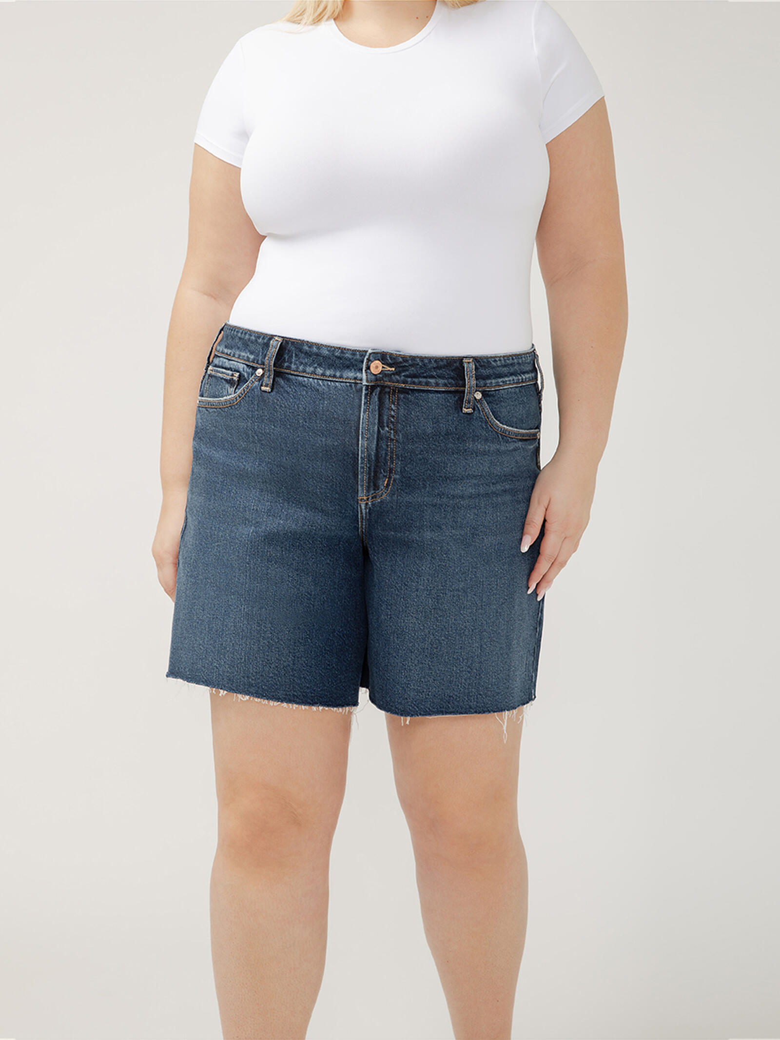 Buy Suki Mid Rise Long Shorts Plus Size for USD Silver Jeans