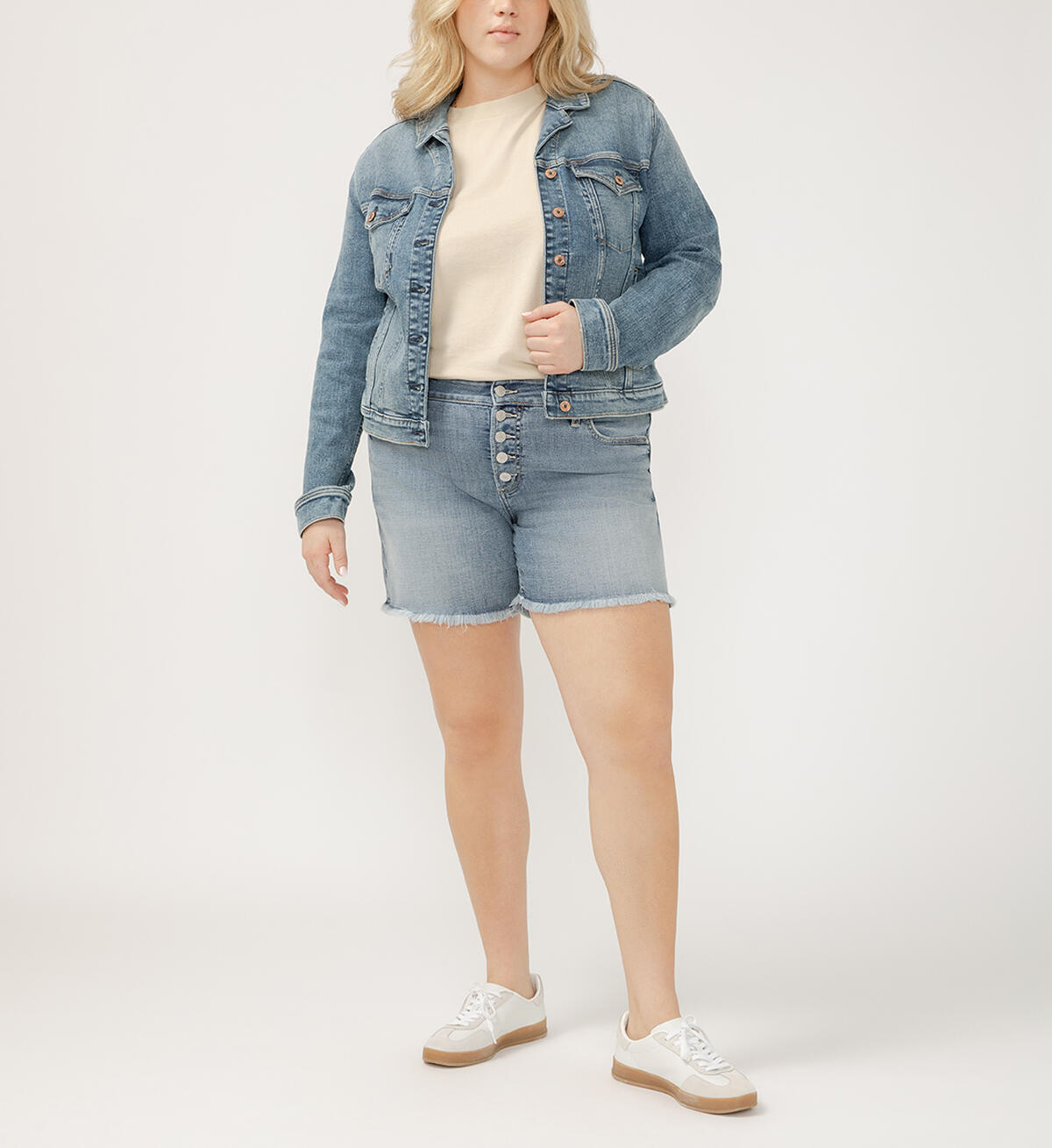 Notched Crop Jean Jacket Plus Size, , hi-res image number 0