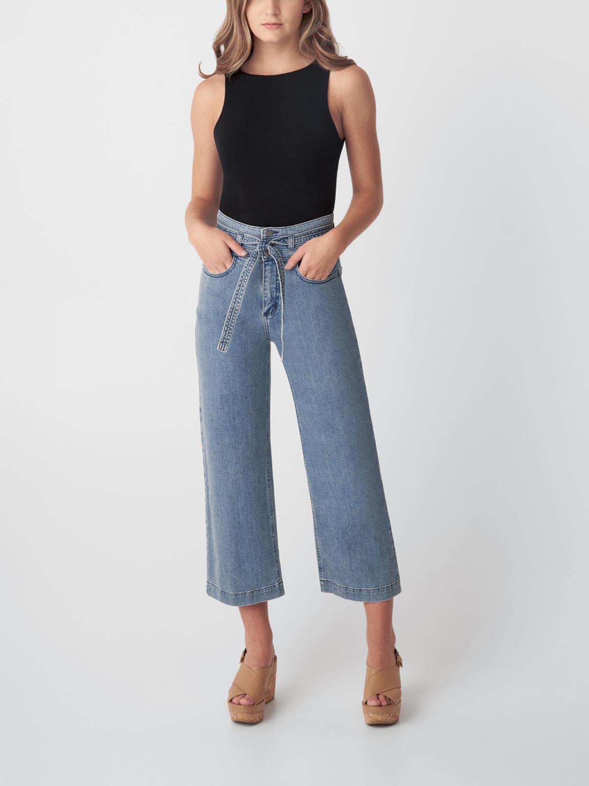 Belted High Rise Wide Leg Crop Jeans image number 0