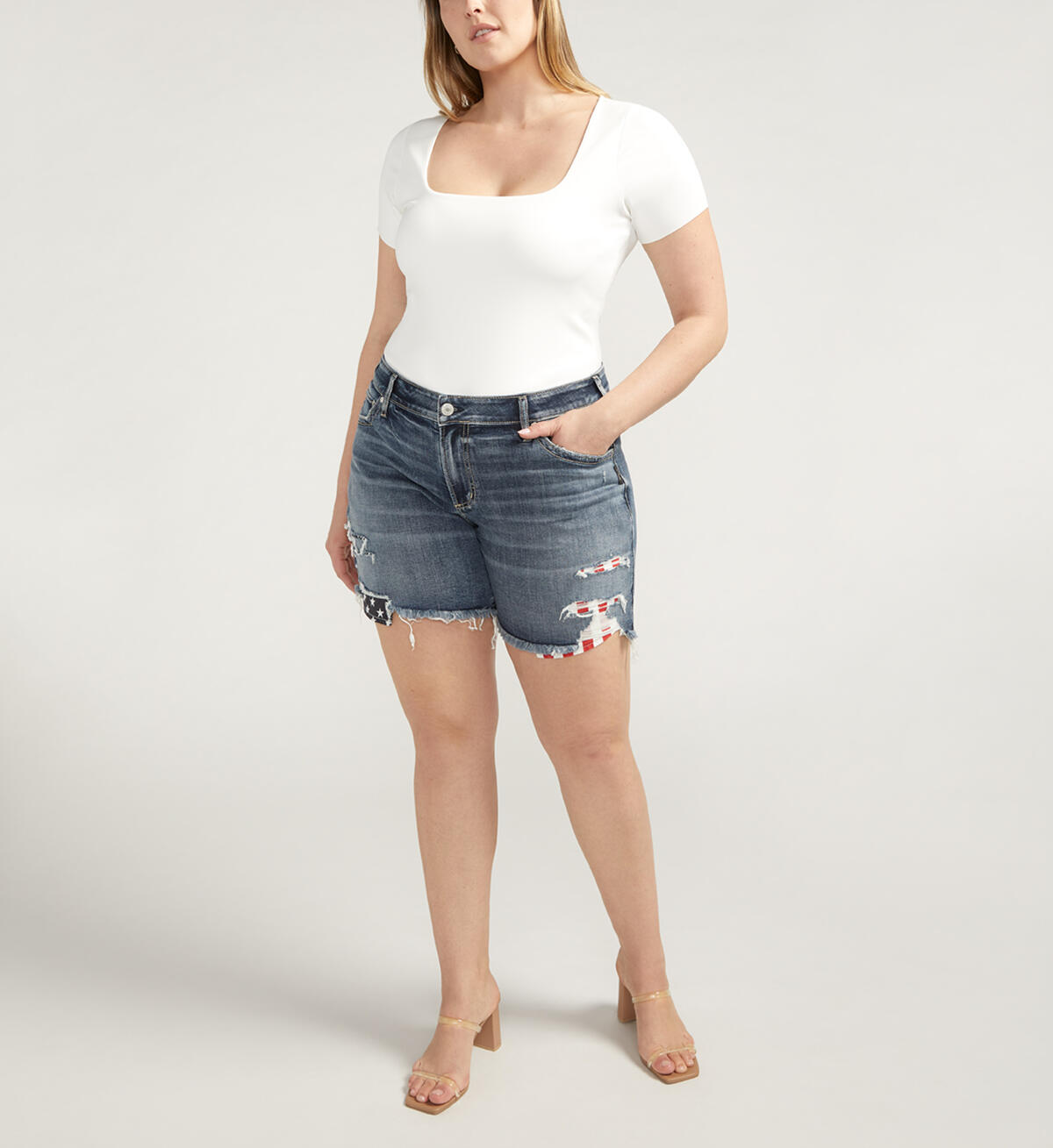 Boyfriend Mid Rise Distressed Americana Short Plus Size, , hi-res image number 0