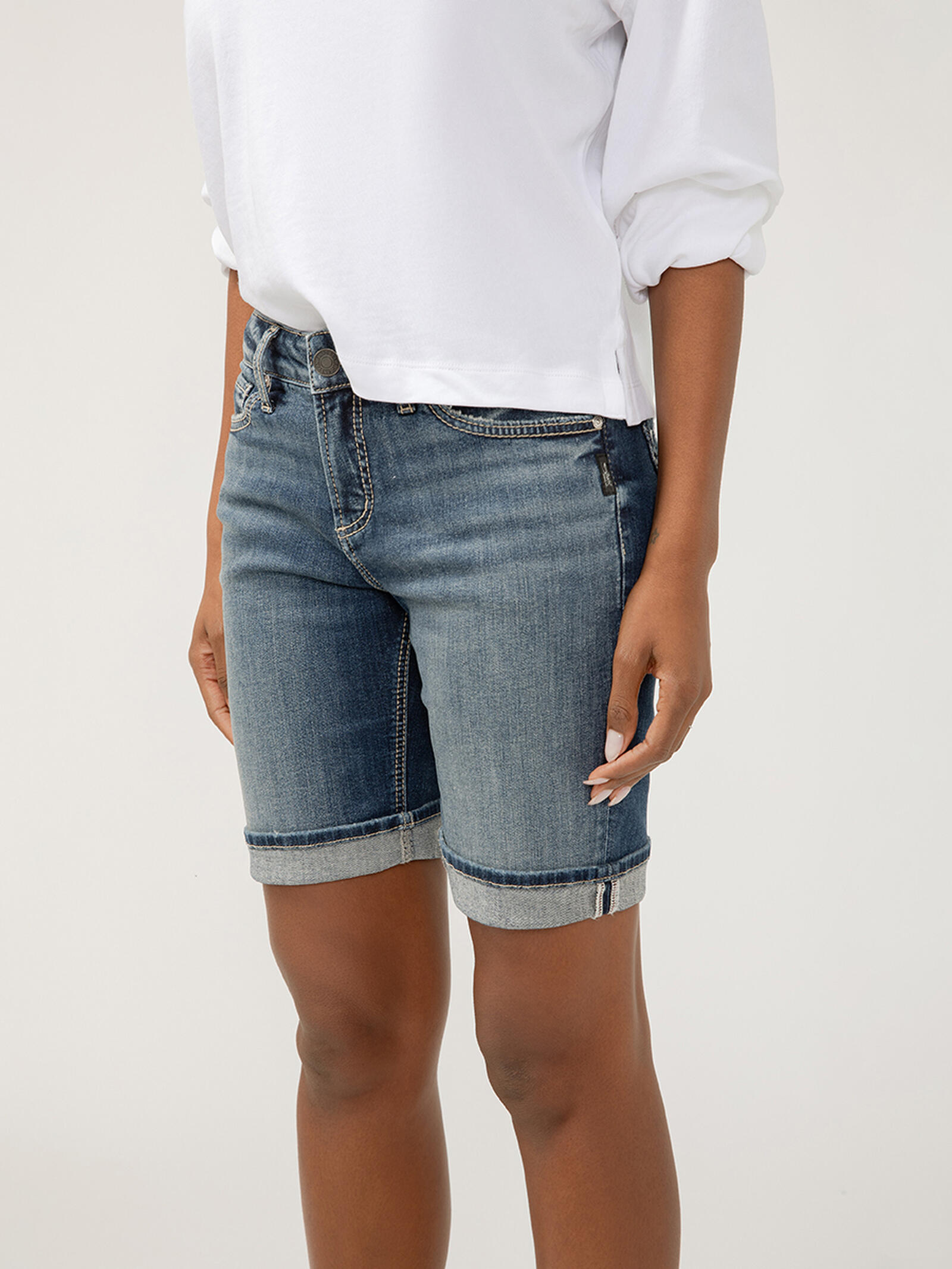 Buy Suki Mid Rise Bermuda Shorts for USD Silver Jeans