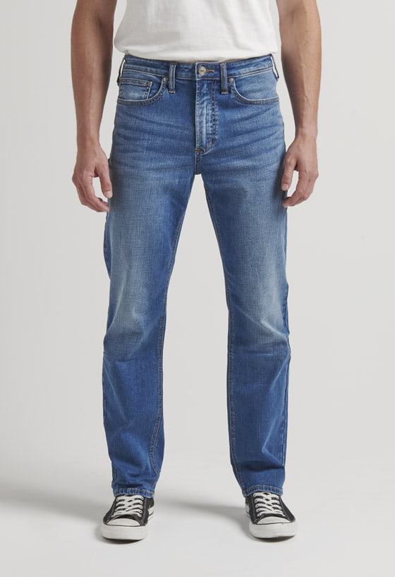 Men’s classic fit straight leg jeans with a distressed light indigo wash