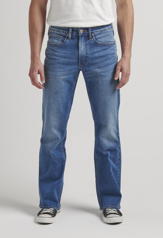 Men’s relaxed fit straight leg jeans with a dark indigo wash