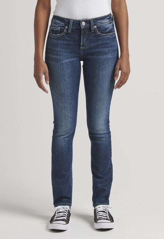 Women’s curvy fit straight leg jeans featuring a mid rise and medium indigo wash