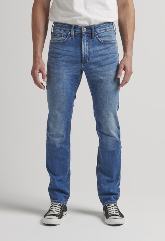 Men’s slim fit slim leg jeans with a medium indigo wash