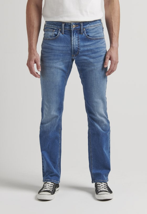 Men’s classic fit straight leg jeans with an authentic dark indigo wash