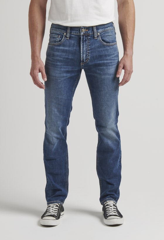 Men’s slim fit slim leg jeans with worn-in dark indigo wash