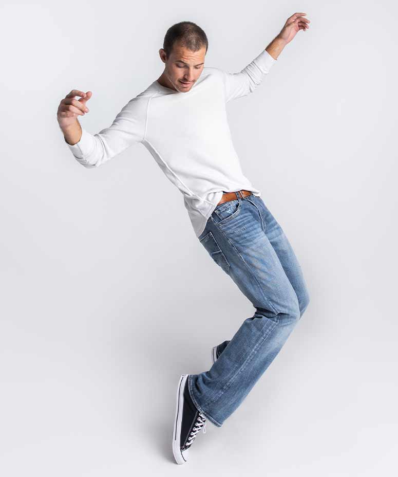 Male wearing amazingly flexible denim