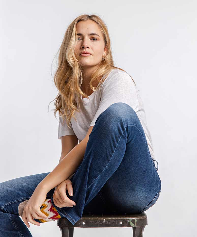 Female wearing incredibly soft denim