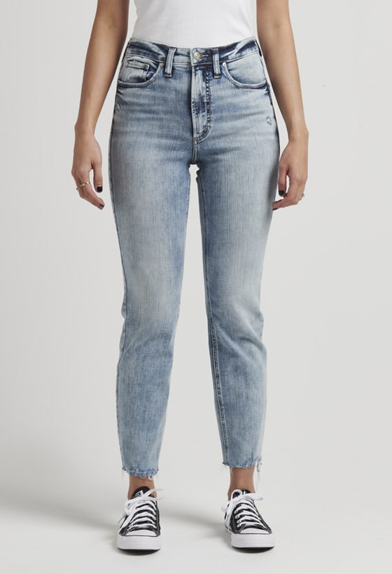 Women’s universally flattering skinny jeans featuring a high rise and light indigo wash