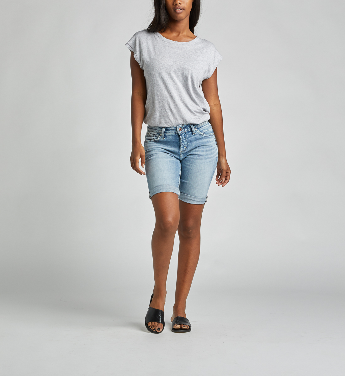 Womens Suki Curvy Fit Mid Rise Bermuda Shorts Silver Jeans Co