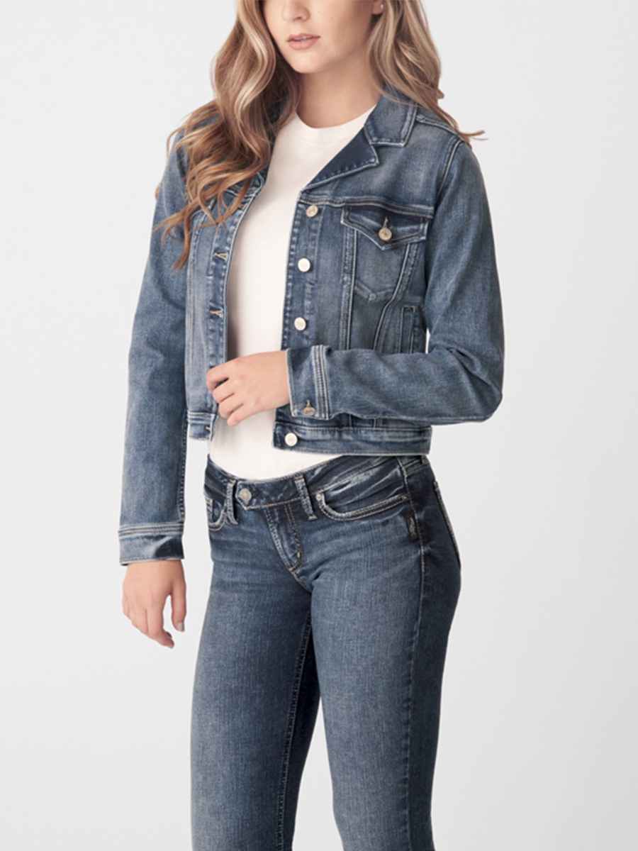 Notched Crop Denim Jacket - Silver Jeans US